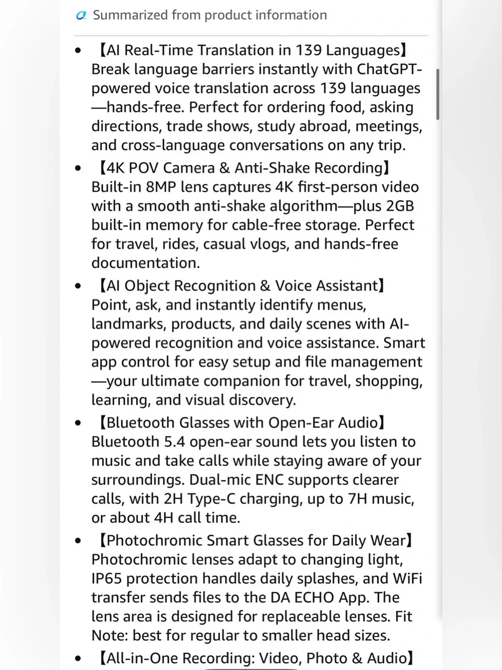 AI Smart Glasses with Camera, 4K POV Recording, Photochromic